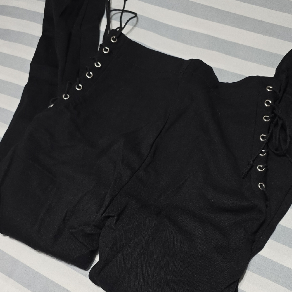 Gothic Black Lace-Up Skinny Pants with Zipper - Picture 7 of 7